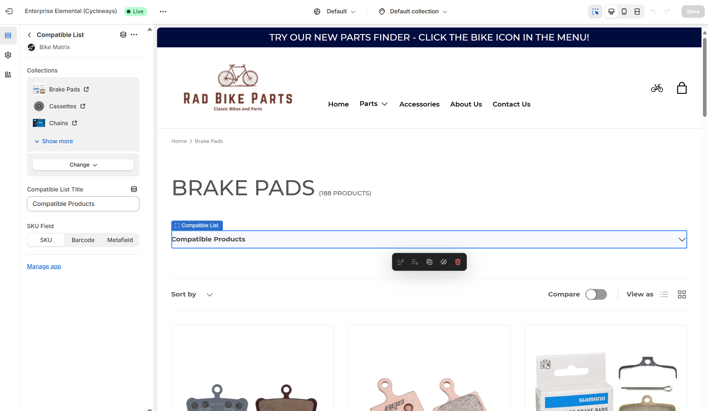 Image of setting up compatibility list panel on a collection page in the shopify admin