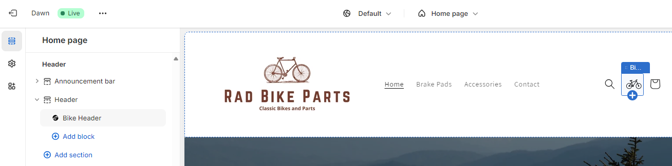 Image showing how to add the Bike Icon to a website's header
