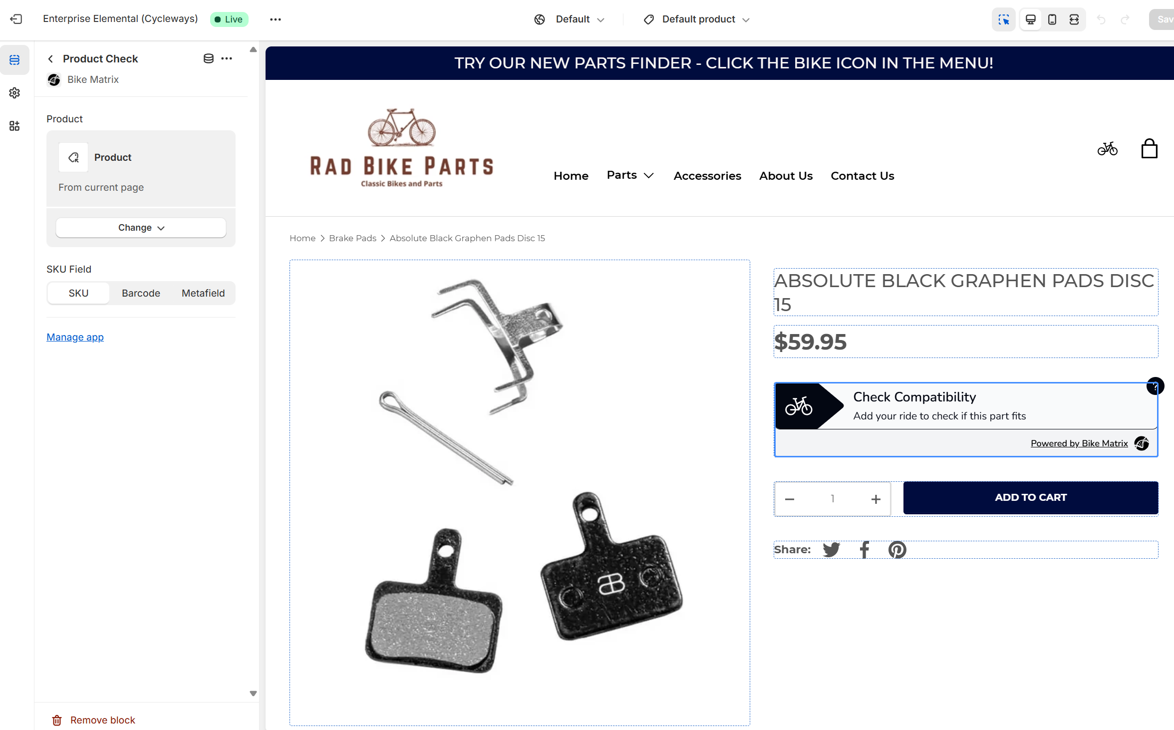 Image of the customisation section of Shopify site when installing product check panel